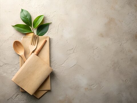 Natural wooden cutlery set with green leaves for sustainable eco-friendly dining.
