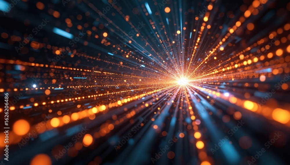 Poster abstract digital tunnel with glowing orange, white lights. futuristic lines, circuitry, data streams