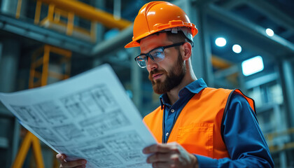 Construction worker with hard hat, safety vest reviews technical documents at industrial facility. Wears glasses, showing concentration on project details, ensuring safety compliance, workflow