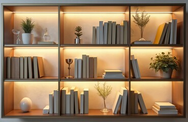 Modern glass shelving unit featuring books, decor, illuminated by warm diffused lighting. Brushed metal frame enhances display of cultural competency, diversity awards. Space signifies inclusion,