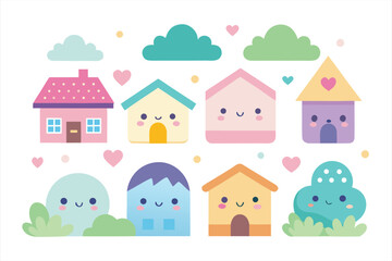 Obraz premium Collection of cute, kawaii houses and characters with hearts and clouds, isolated on white background