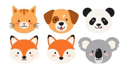 Collection of Cute Cartoon Animal Faces Cat Dog Panda Fox and Koala.