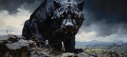 Fototapeta premium A haunted gothic panther perched on a wind-swept hill,generative AI