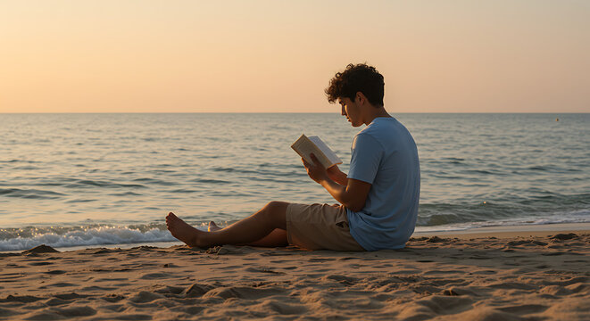 Person reading a book on a beach at sunset