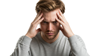 Young caucasian man in business-casual, hands on forehead, head bowed, deeply contemplating a business challenge on transparent studio background with copy space. Concept of intense pressure
