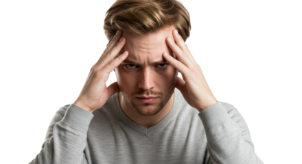 Young caucasian man in business-casual, hands on forehead, head bowed, deeply contemplating a business challenge on transparent studio background with copy space. Concept of intense pressure