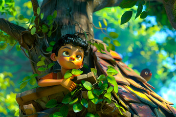 A little Indian boy seeks privacy, retreating to the safety of his treehouse fortress, where he can imagine himself a hero