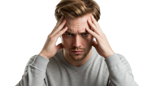 Young caucasian man in business-casual, hands on forehead, head bowed, deeply contemplating a business challenge on transparent studio background with copy space. Concept of intense pressure