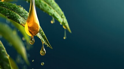 Fototapeta premium Golden liquid drips from leaves