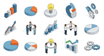 Fototapeta premium Isometric business icons representing growth teamwork and ideas.