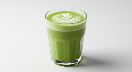Matcha Latte Art: Green Tea Beverage in Glass on White Background