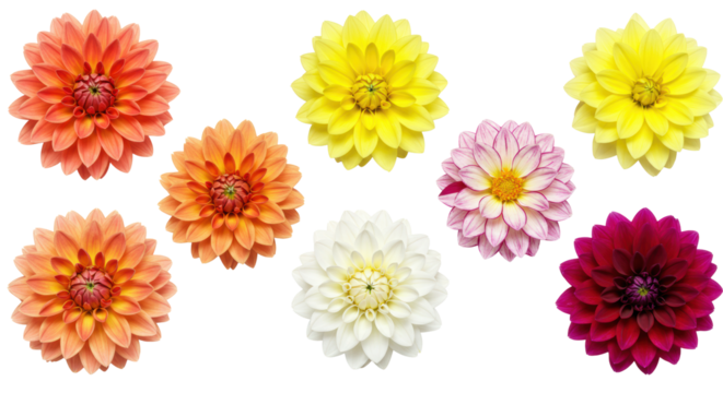 Six pristine, vibrantly colored dahlia flowers arranged horizontally in a line on a transparent studio background with soft, shadowless light, representing diversity and growth concept