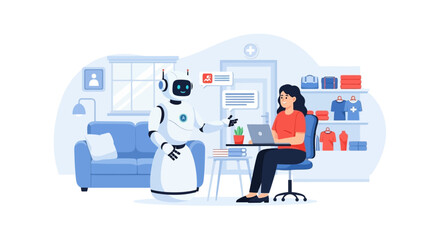 Robot assisting woman with laptop in modern home office setting.