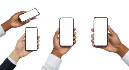 Three diverse hands holding generic smartphones with blank white screens (one horizontal, two vertical) on a transparent studio background, representing digital connection and collaboration