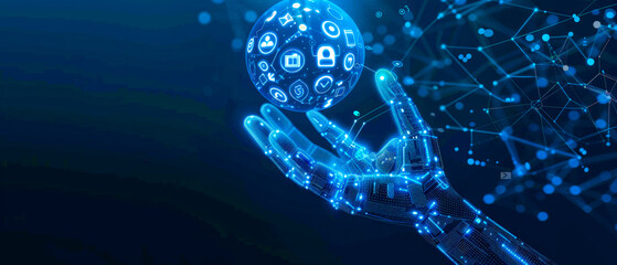 An artificial intelligence hand holding a shiny blue circle icon with a phone with a mobile app inside, the icons are on a pyramid of other icons related to education and the management of school