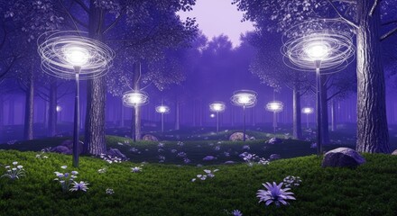 Glowing orbs in magical forest scene