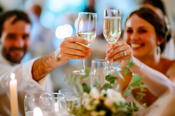 A wedding guest raising a toast with champagne.