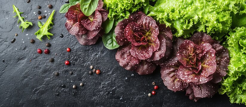 Fresh organic lettuce varieties with water droplets on dark stone surface - Powered by Adobe