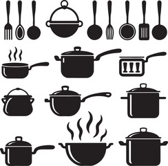 Kitchen utensils and cookware silhouette collection pots pans