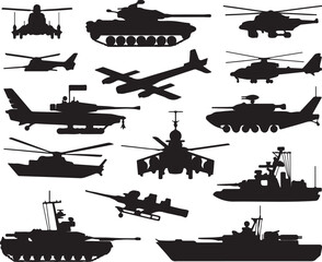 Fototapeta premium Military vehicles and aircraft silhouettes helicopter tank