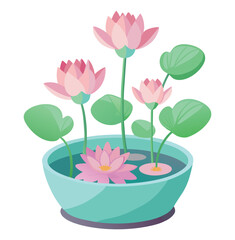 Pink lotus flower blooming beautifully in a pot with vibrant petals and green leaves in a garden setting