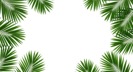 Lush vibrant green palm fronds with detailed pinnate leaflets, isolated on transparent seamless background, flat lay, high-key soft lighting, clean design concept