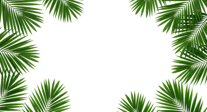 Lush vibrant green palm fronds with detailed pinnate leaflets, isolated on transparent seamless background, flat lay, high-key soft lighting, clean design concept