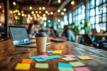 a creative team working late in a trendy co-working space, surrounded by colorful post-it notes, laptops, and coffee cups on a rustic wooden table.