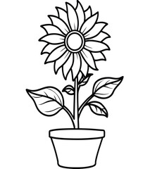 Black and white vector illustration of a potted flower with blossoming petals and a detailed leaf