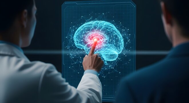 Innovative medical professionals exploring brain research breakthroughs with interactive holographic interface for advanced diagnostics and neurological solutions