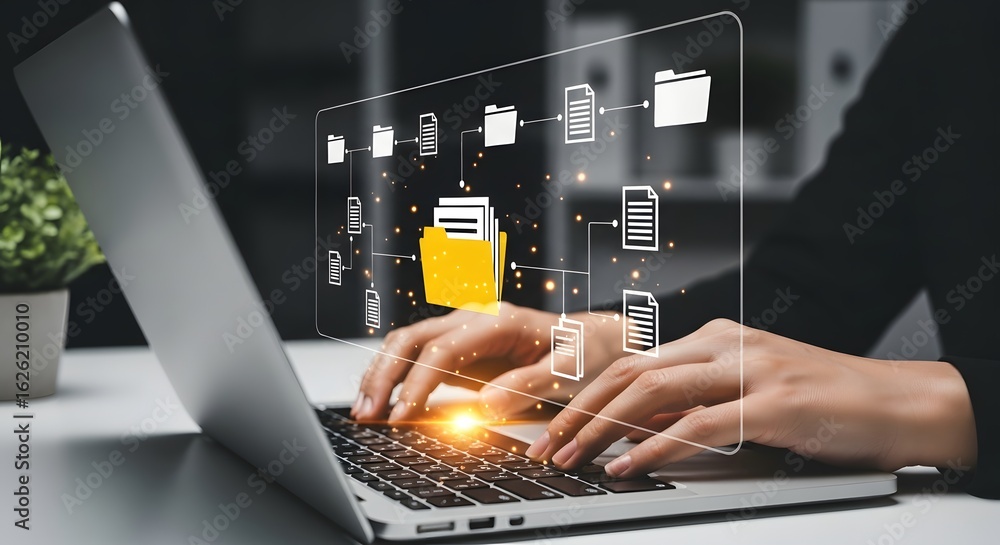 Poster streamline workflow with digital document management on laptop, experience the future of efficient d