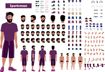 Cartoon 2d man character full body and head man character constructor sets for full body and head rigging design vector		