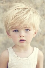 A young blonde boy with blue eyes is smiling at the camera. He is wearing a white tank top and has short hair