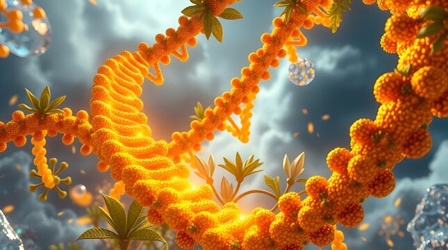 Vibrant Twisting Orange Structure. A dynamic, twisting orange structure dominates the scene, resembling a fantastical strand of DNA. 