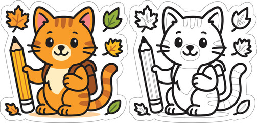 Cartoon cat with backpack holding a pencil and surrounded by fall leaves in color and outline version