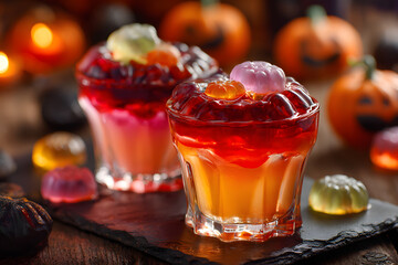 Creative glasses with jelly dessert prepared for Halloween party on table