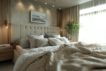 Modern bed room with white and gray theme. 