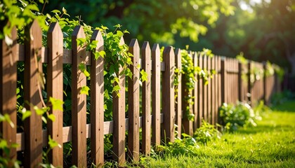 Naklejka premium Wooden Fence with Lush Greenery in a Sunlit Garden