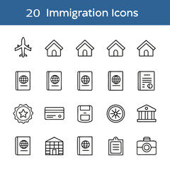 Immigration Icons Set: A collection of meticulously crafted line art icons representing key aspects of immigration, meticulously designed for visual communication and informational purposes. 