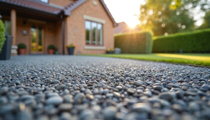 Close-up texture of resin bound gravel paving in mixed grey, brown, beige tones. Durable construction material creates seamless surface for driveways, garden paths. Modern landscaping enhances home