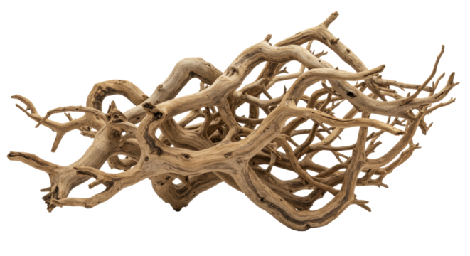 Intricately branched natural wood sculpture, gnarled, vibrant, warm brown tones, on transparent studio background, photorealistic, symbolic innovation concept