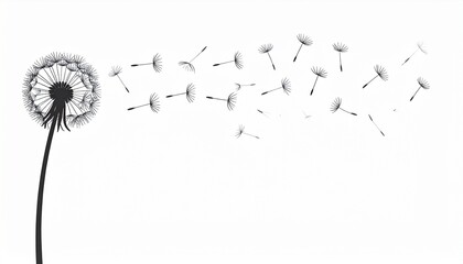 Minimalist black and white dandelion illustration with seeds blowing in the wind, symbolizing change, hope, and freedom on a white background.