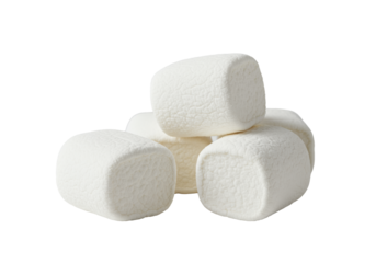 Four transparent, fluffy marshmallows in an appealing pile, with sharp focus on delicate textures against a bright white minimalist background, ample copy space, concept of sweet indulgence