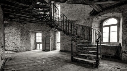 Ruined spiral staircase in an abandoned stone house