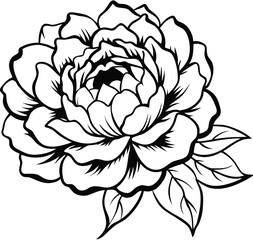 Black and white vector illustration of a vintage rose flower with floral pattern and decorative leaves
