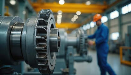 Naklejka premium Heavy industrial machinery gear closeup, showing metallic teeth, components in factory setting. Worker in blue overalls, orange hard hat operates machinery in blurred background, suggesting