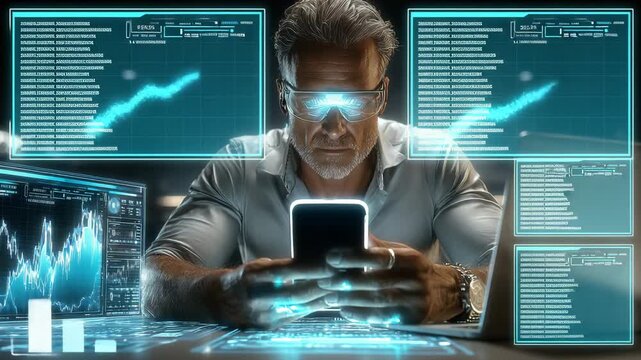 The Future of Data Analytics: A man in futuristic glasses interacts with a smartphone surrounded by holographic screens with dynamic data and graphs. Graphs and metadata are displayed dynamically.