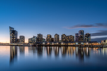 Melbourne docklands skyline at sunset