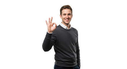 Young adult caucasian man, early 20s, confident smile, wearing smart casual sweater over shirt, making 'OK' gesture in professional transparent studio, concept of quality assurance and positive