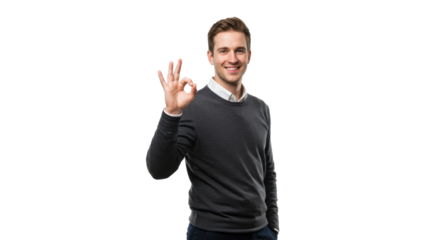 Young adult caucasian man, early 20s, confident smile, wearing smart casual sweater over shirt, making 'OK' gesture in professional transparent studio, concept of quality assurance and positive